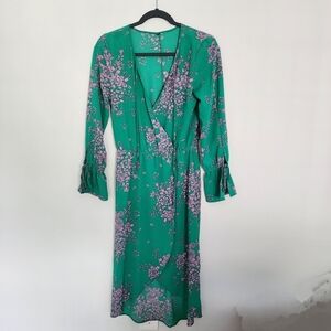 H&M Womens Small Dress Green Floral Midi Wrap Bell Long Sleeve